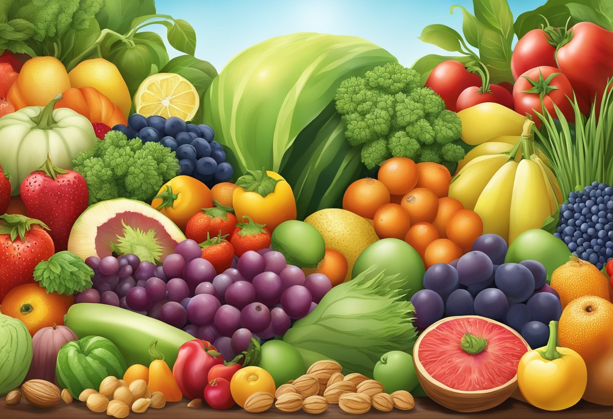 A colorful array of fresh fruits and vegetables arranged in a bountiful display, surrounded by grains and nuts